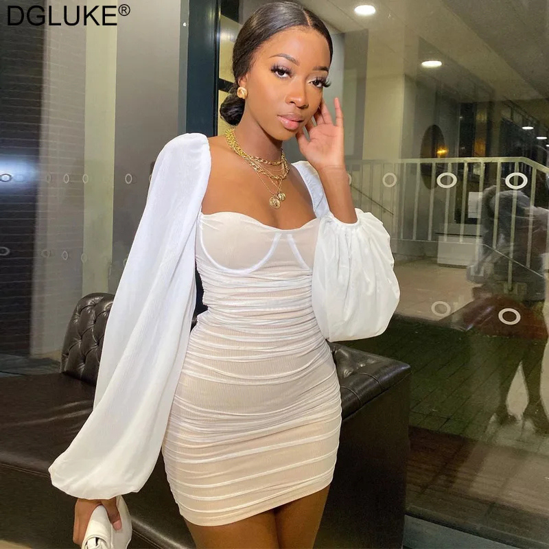 Сетчатое мини-платье с рукавами-фонариками женское элегантное короткое