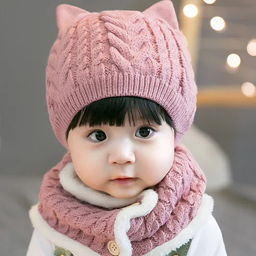 SHUJIN шерстяная шапка для новорожденных, утолщенная шаль, комплект из 2 предметов, милые хлопковые теплые вязанные шляпы с ушками для малышей, шапка для холодной зимы - Цвет: Pink