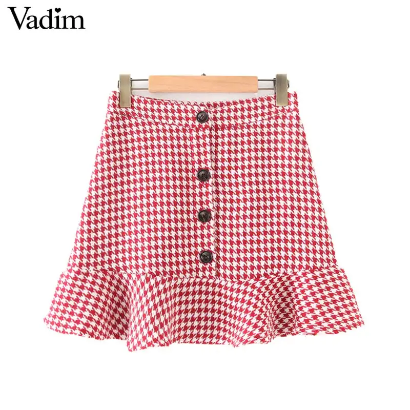 Vadim, милый, женский клетчатая твидовая ткань, красные пуговицы для юбки, летающий дизайн, винтажные женские стильные мини юбки mujer BA754