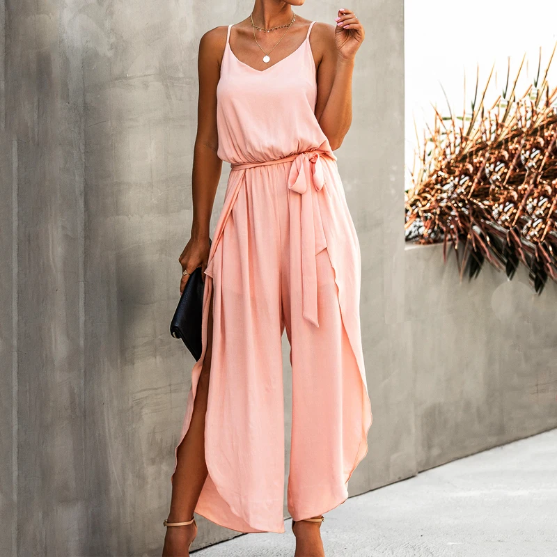 Hot Summer Style jumpsuits for women bodysuit 2020 Summer V-neck Strap Wide Leg Side Slit Women's Siamese overalls Office Lady Hot Summer Style jumpsuits for women bodysuit 2020 Summer V-neck Strap Wide Leg Side Slit Women's Siamese overalls Office Lady