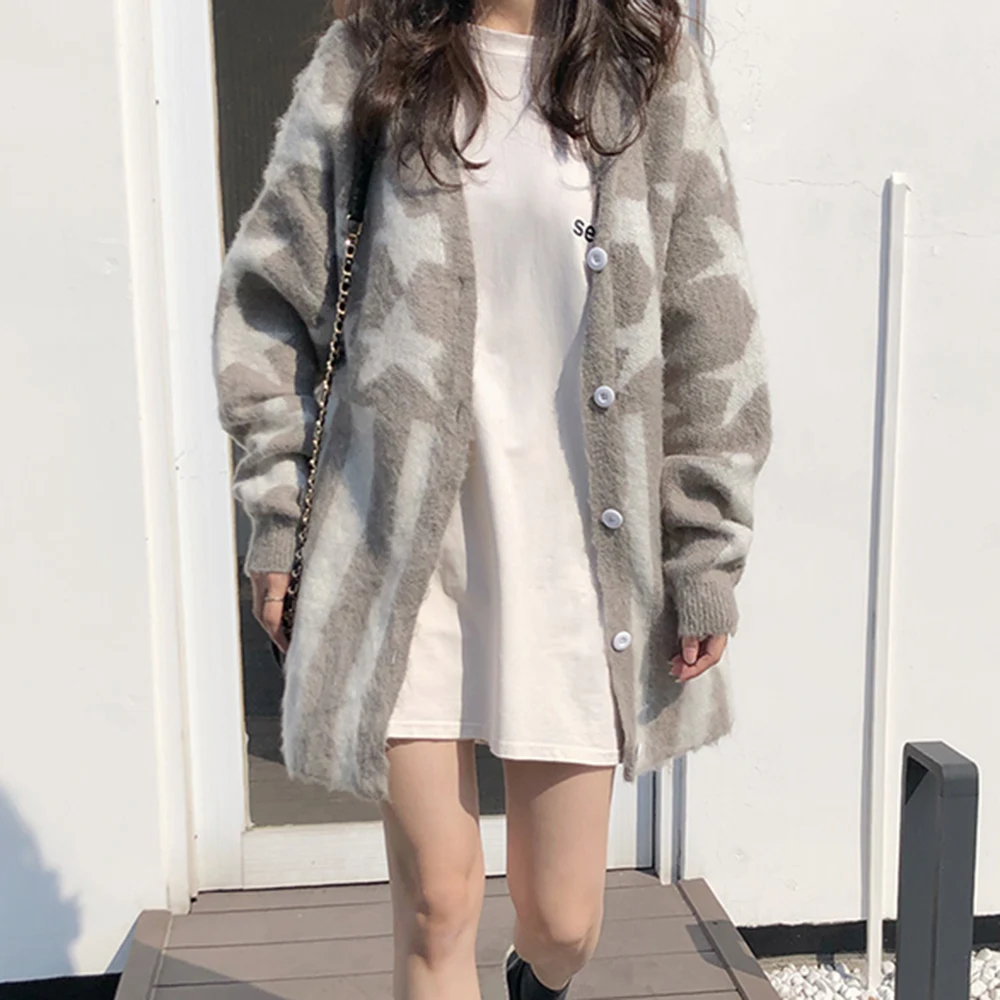 

Bohoartist Fall Winter Ladies Korean Style Casual Cardigans Oversize Loose V-Neck Star Printed Stripe Grey Sweater Cardigans