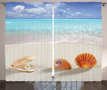 

Seashells Curtains Pearl Clam Snail Tropic Sun Seaside Honeymoon Seashells on The Sandy Beach Living Room Bedroom Window Drapes