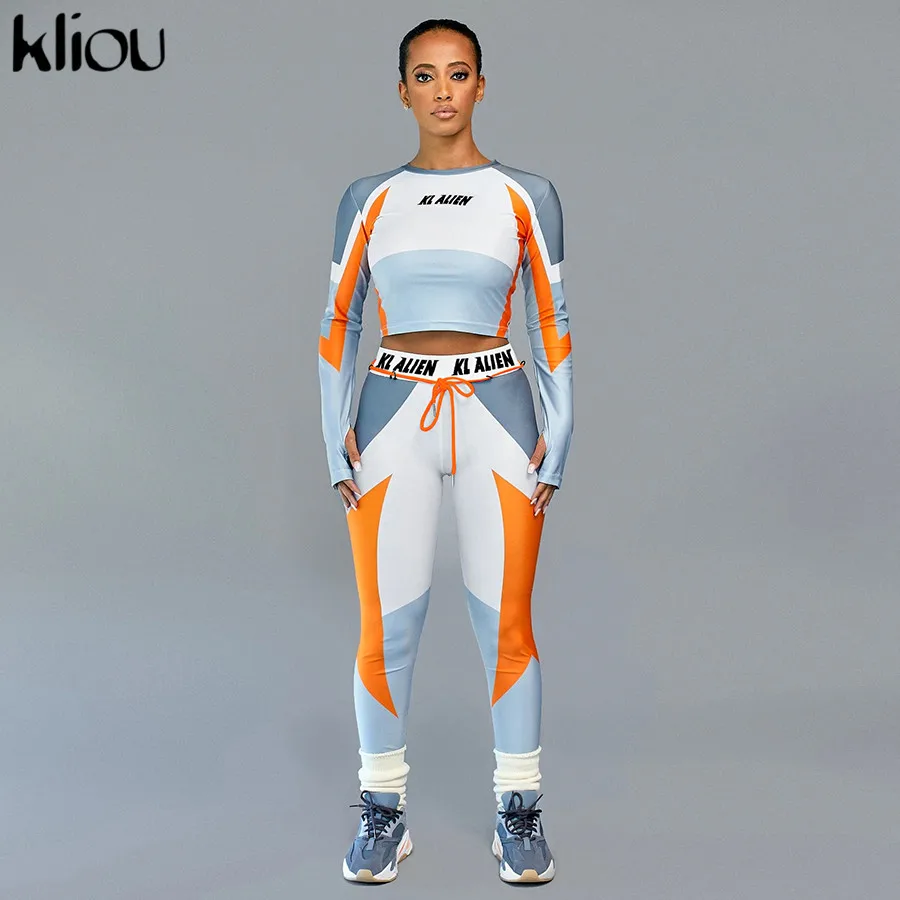 Kliou, эластичные спортивные костюмы для фитнеса, женский тонкий комплект из двух предметов, с принтом, с длинным рукавом, укороченный топ, леггинсы, спортивный костюм, повседневный уличный наряд