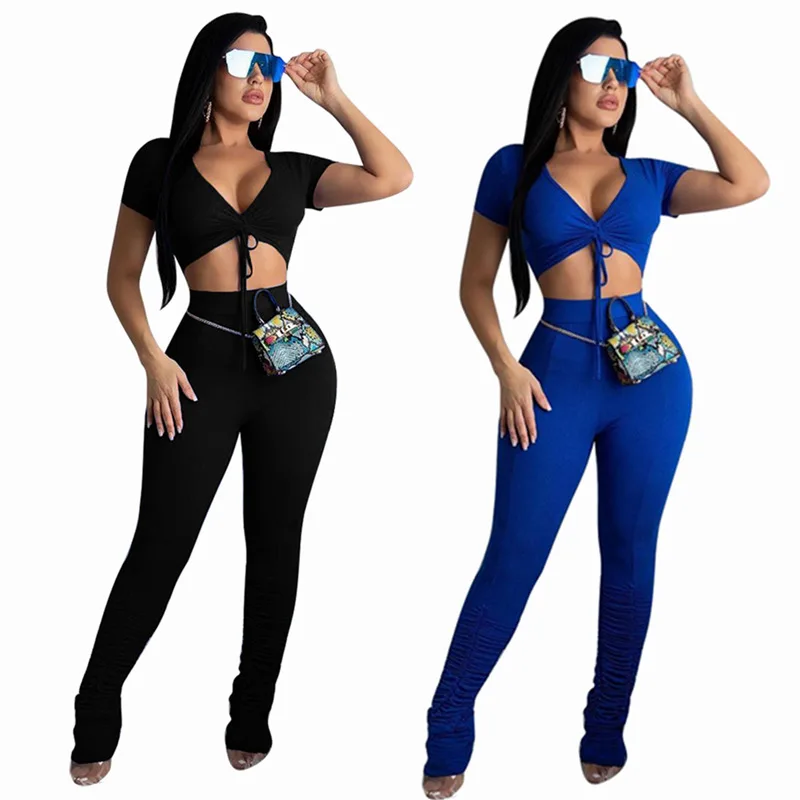 

Womens Fashion Casual Two Piece Solid Color Bandage Crop Top and Pant