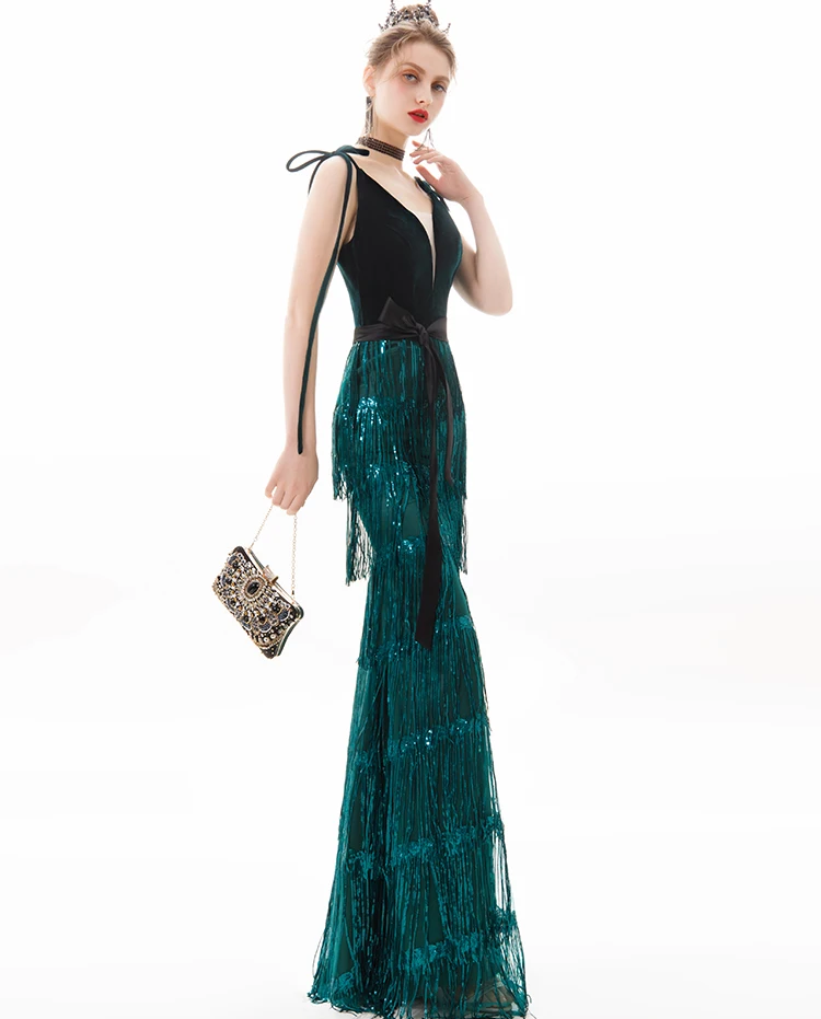 evening wear dresses wei yin AE0380 Long Evening Dress Green Sequins Tassel Fashion Spaghetti Strap Party Gowns Formal Zipper Long Prom Dresses blue ball gown