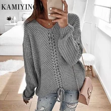 Sexy V-neck Lace-up Knitted Sweater Long Sleeve Solid Women Pullover Autumn Winter Casual Sweaters Jumper Plus Size Sexy V-neck Lace-up Knitted Sweater Long Sleeve Solid Women Pullover Autumn Winter Casual Sweaters Jumper Plus Size