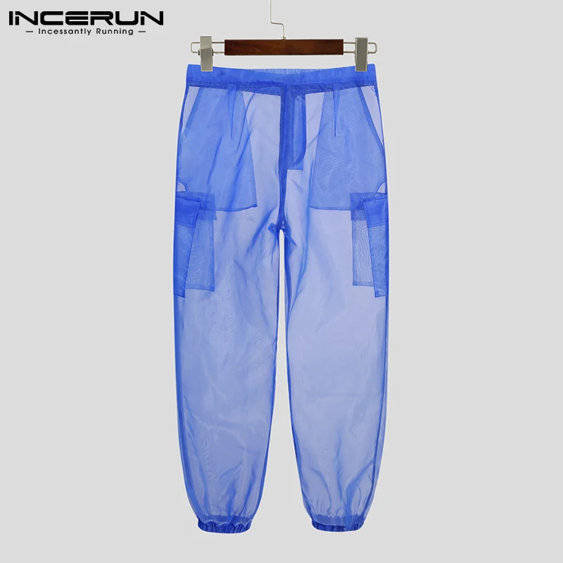 INCERUN Men Mesh Sleep Bottoms 2024 Lace Transparent Drawstring Sexy Homewear Pockets Breathable Trousers Male Sleep Pants S-5XL