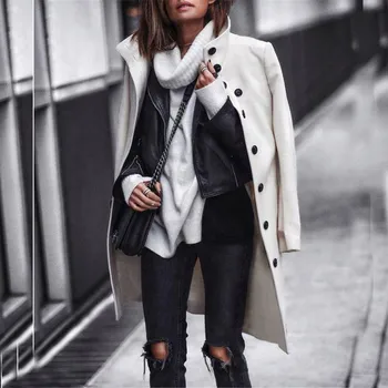

Ladies winter jacket Full Sleeve Button Woollen Coat Solid color long sleeve jacket Casual button woolen coat Y10.7