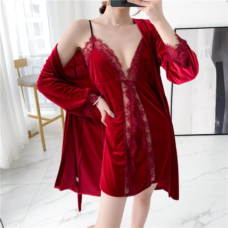 

MECHCITIZ Velvet Robe Gown Set Women Sleepwear Pajama Bathrobe Sexy Lace Sling Winter Pyjamas Set Autumn Night Dressing Lingerie