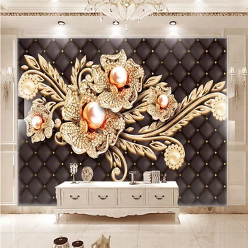 

Custom Wallpaper Wall Mural Black Jewelry Diamond Living Room Pearl Flower European Pattern 3d Wallpaper