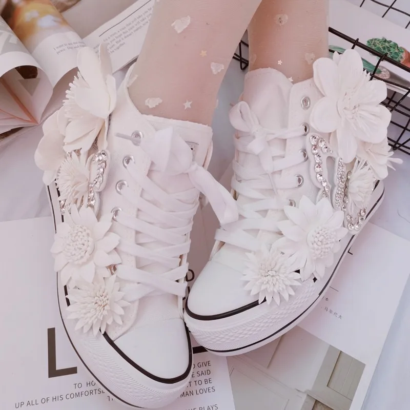 Original Butterfly Flower High-top Canvas Shoes Sweet Lace-up Women's Shoes White Inner Height-increasing Vulcanized Shoes