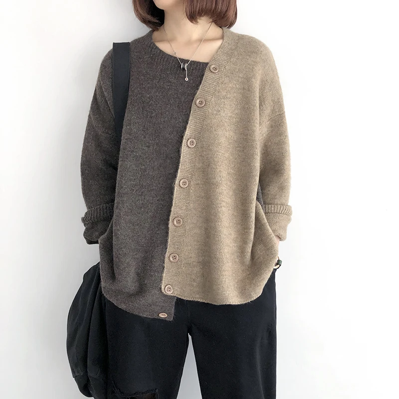 Женский свитер, толстый контрастный цвет, ассиметричная вязка, весна-осень, длинный рукав, вязанный, большой размер, Модный корейский Свободный Повседневный женский топ