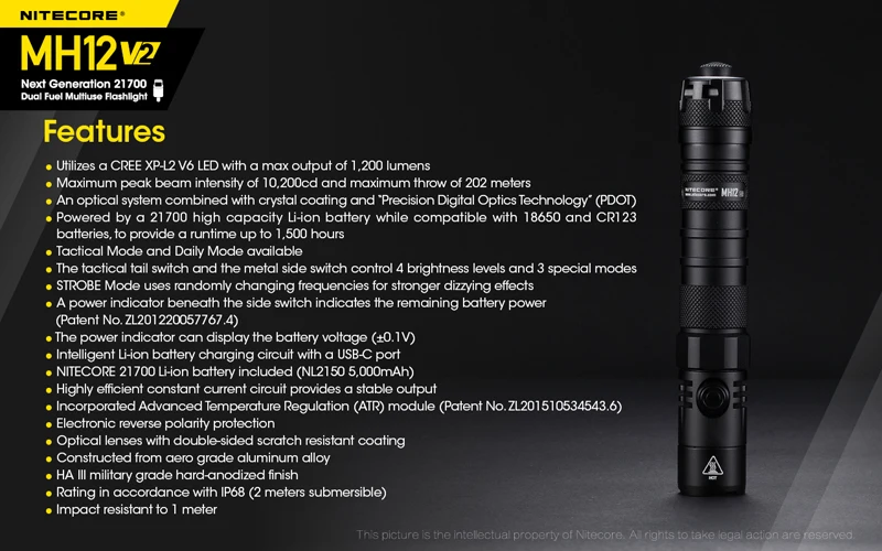NITECORE MH12 V2 1200 Lumens 21700 Multiuse Flashlight (30)