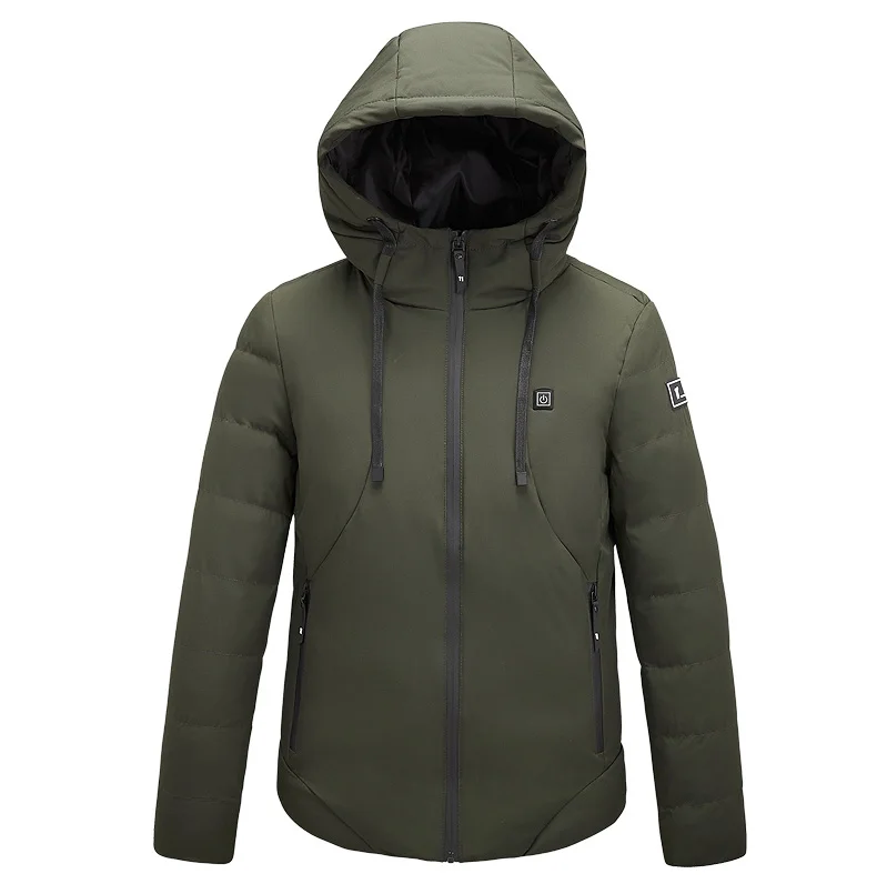 A dark green jacket with high-tech functionality and electric heating capabilities, waterproof & windproof