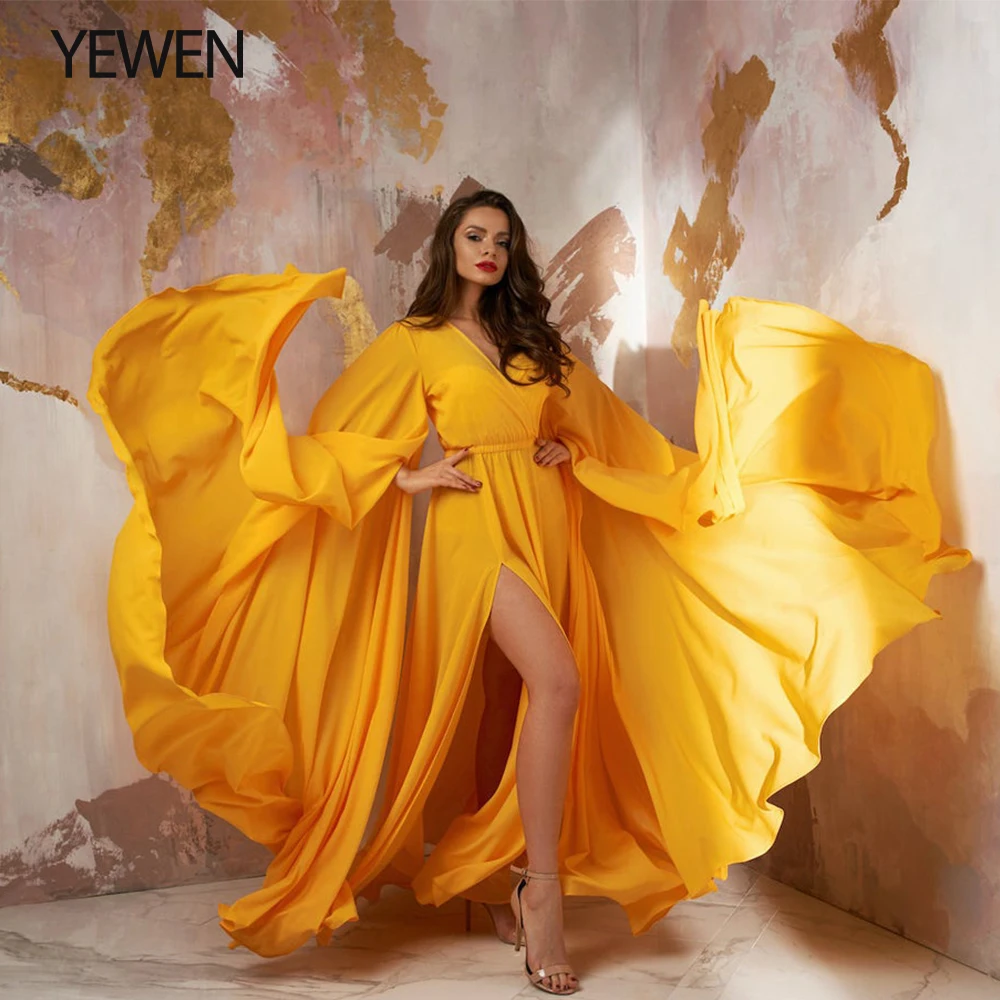 

Chiffon Prom Dress Long Flutter Sleeve V Neck Maternity Dress for Photo Shoot Fancy Photography Props Dress YEWEN