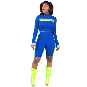 

Tracksuit Women Set Two Piece Set Reflective Stripe Long Sleeve Crop Top + Shorts Night Version Casual Suit Sportswear Sweatsuit