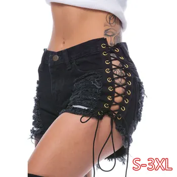 

Summer Black Lacing Women's Shorts Ripped Women's Denim Shorts Sexy Bandage High Waist Shorts Ripped Short Pants Women