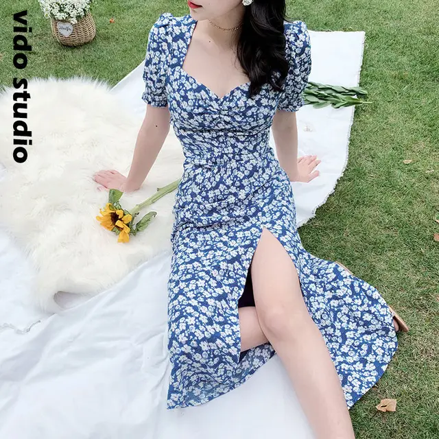JuneLove French Ruffle Women Sexy Puff Sleeve Split Dress Office Lady Korean Style Summer Elegant Chiffon Fairy Boho Vestidos 4