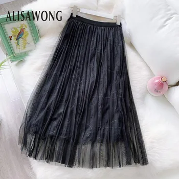 

New Fashion Women Stereo Flower Embroidery Mesh Skirt 2020 Summer Ladies Heavy Industry Beaded Medium Long High Waist Skirts