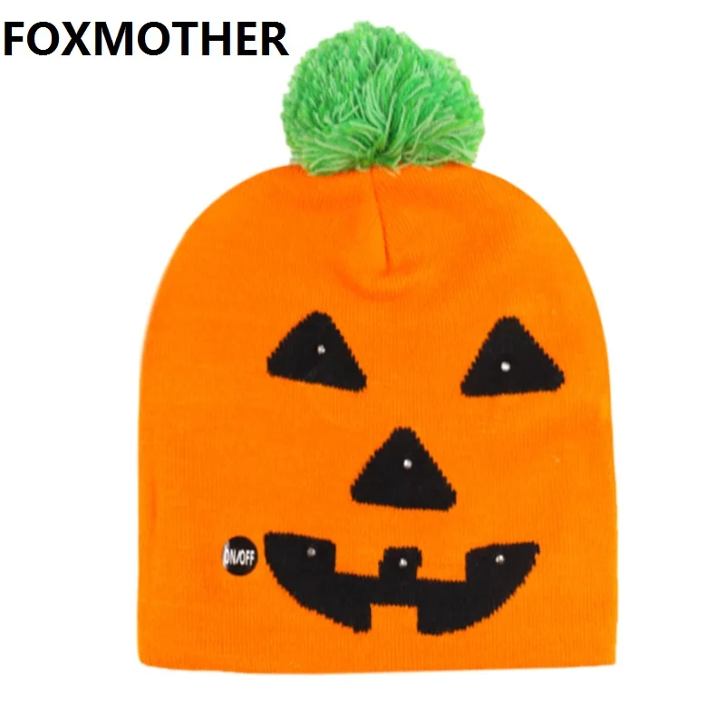 

FOXMOTHER LED Skull Pumpkin Print Knitted Beanie Winter Hats for Women Mens Ladies Unisex Bone Spring Autumn Keep Warm Cap