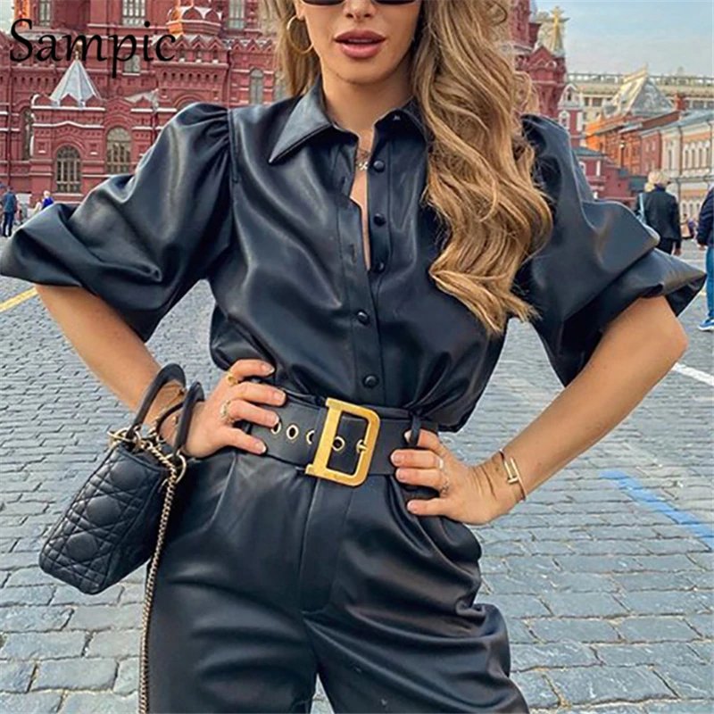 Sampic женская блузка из искусственной кожи с длинным рукавом пышная винтажная