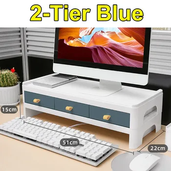 

2Tiers Monitor Riser Stand Desk Shelf with Drawer Keyboard Storage Stylish White Pen-Books Stationery