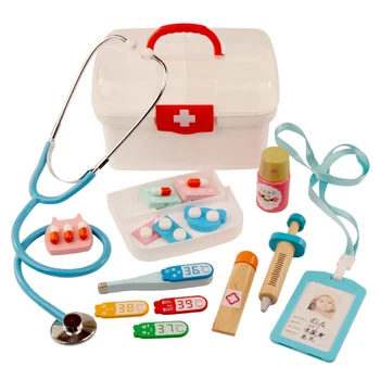 

Wood Children Pretend Play Doctor Toys Dentist Extract Teeth Tool sethescope for Kids medical supplies Chest Set with suitcase