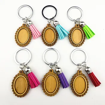 

Jiangzimei 24pcs oval 18x25mm square 25MM round 25mm Wood Cabochon Stainless Steel Keychain Blank Wooden pendant with tassels