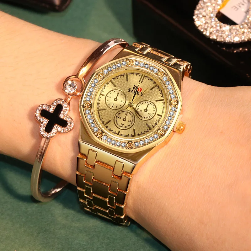 

Women Gold Wristwatches For Women Luxury Diamond Ladies Dress Quartz Watch Female Full Steel Waterproof Clock reloj mujer 2019