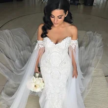 

Plus Size 2021 Mermaid Wedding Dresses With Shawl Robe De Mariee Applique Beading Pearls Gowns Court Train Sheath Bridal