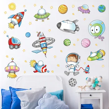 

Spaceship Rocket Planet Explore Space Wall Stickers For Kids Room Kindergarten Home Decoration Educational Wall Art Pvc Decals