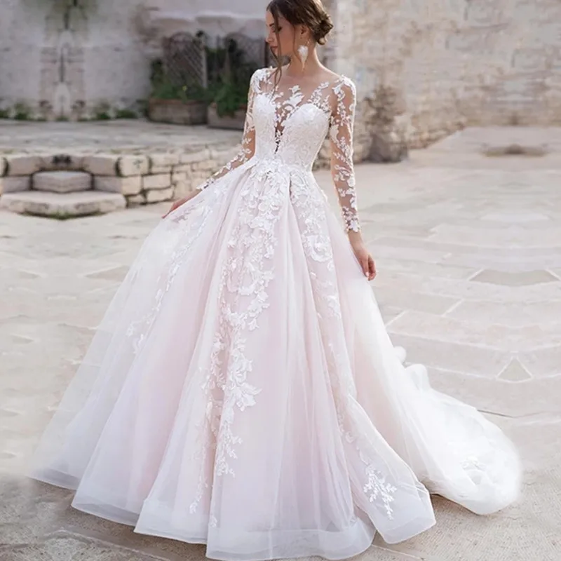 Luxury Pink Long Sleeves Wedding Dress Ball Gown Lace Appliques O-Neck Button Royal Train Bride Gowns Vestido De Novia Princess 1