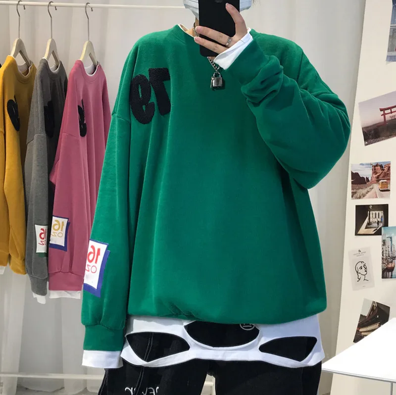 

2020 Spring And Autumn New Youth Popular Men's Loose Fake Two-piece Alphabet Sweatshirt Fashion Casual Round Neck Pullover