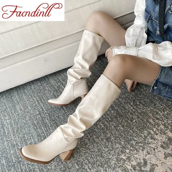 

FACNDINLL Fashion Women's long Boots Knee High Boots Woman Shoes Sexy Mid Calf Boots Square Toe Dress Party Riding Boots Black