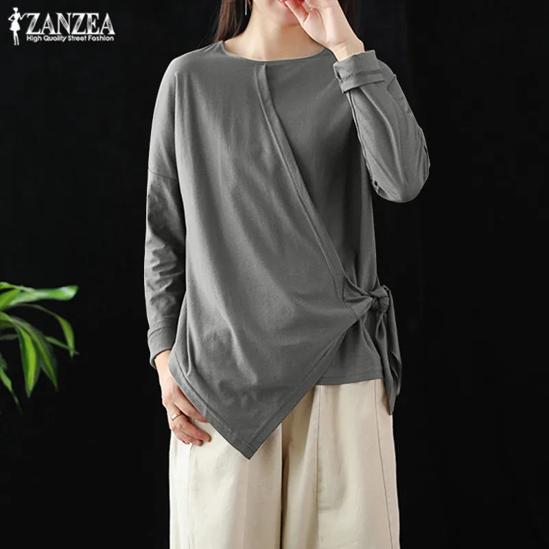 

Elegant Asymmetrical Tops Women's Blouse ZANZEA Autumn 2019 Casual Long Sleeve Shirts Female Lace Up Blusas Plus Size Tunic 5XL