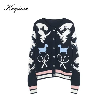 

2020 new style long sleeves women cardigans gray navy blue O-collar dogs jacquard print women sweater loose knitted sweaterB-057