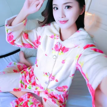 

Pink Flannel 2PCS Pajamas Set Women Sleepwear Winter Warm Thicken Nightwear Long Sleeve Coral Fleece Sleep Set Homewear Pijamas