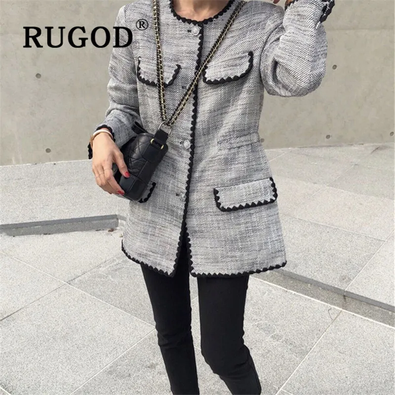 Пальто женское RUGOD, элегантный офисный женский шерстяной Блейзер, женская Стильная туника с длинным рукавом, шерстяная куртка, винтажная осенне-зимняя длинная куртка