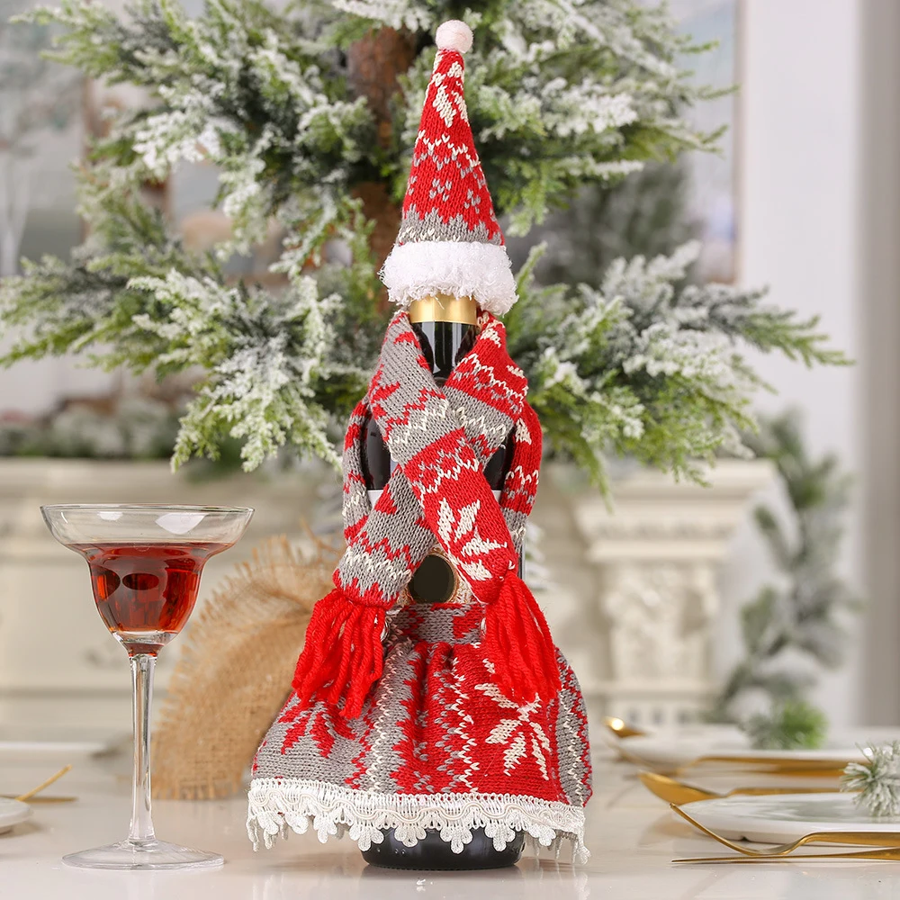 Christmas Bottle Decoration Knit Three-piece Skirt / Hat / Scarf Restaurant Layout Christmas Style Wine Bottle Cover