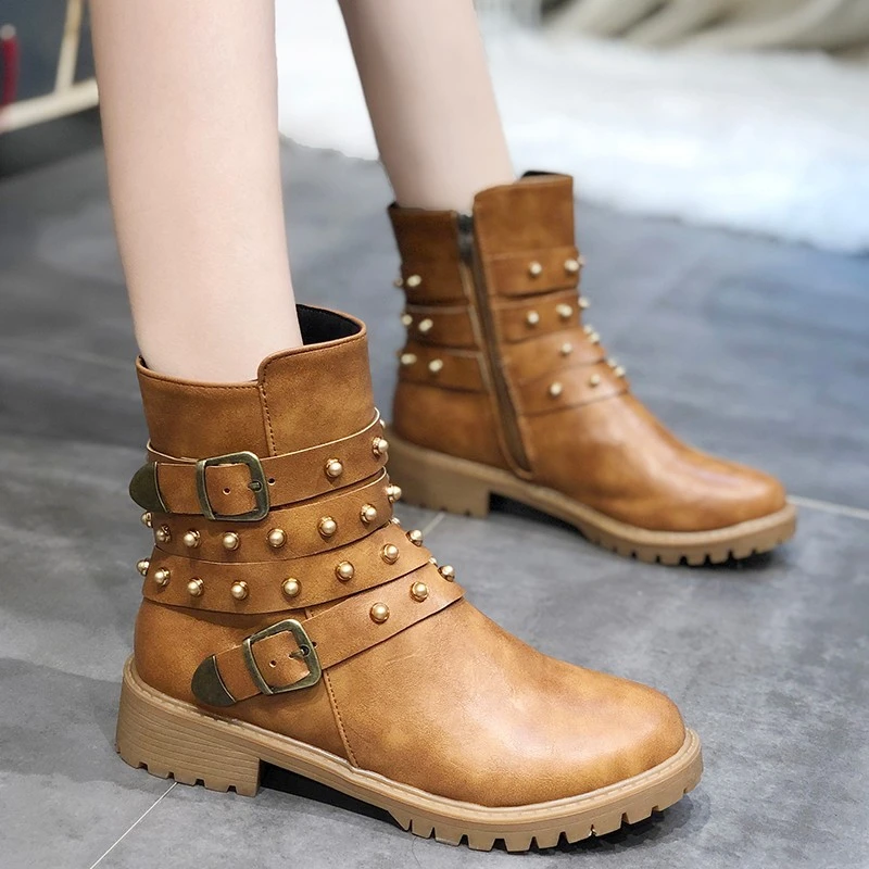 2019 botas con remaches zapatos de mujer impermeable cremallera moda Casual cómodo y Popular grande|Botas hasta el tobillo| -