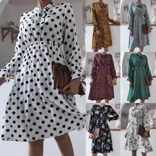 Robe mi longue en mousseline de soie pour femmes, imprimé Floral, décontracté, Vintage, manches évasées, nœud papillon, printemps automne 