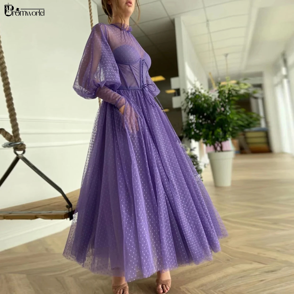 Purple Tea-length Prom Dresses Sheer 