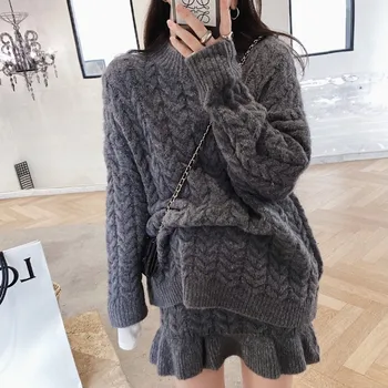 

2020 Winter Thick Sweater Skirt Set Loose Long Sweaters Mermaid Mini Skirt Sets Autumn Warm Solid Female 2pcs Suits