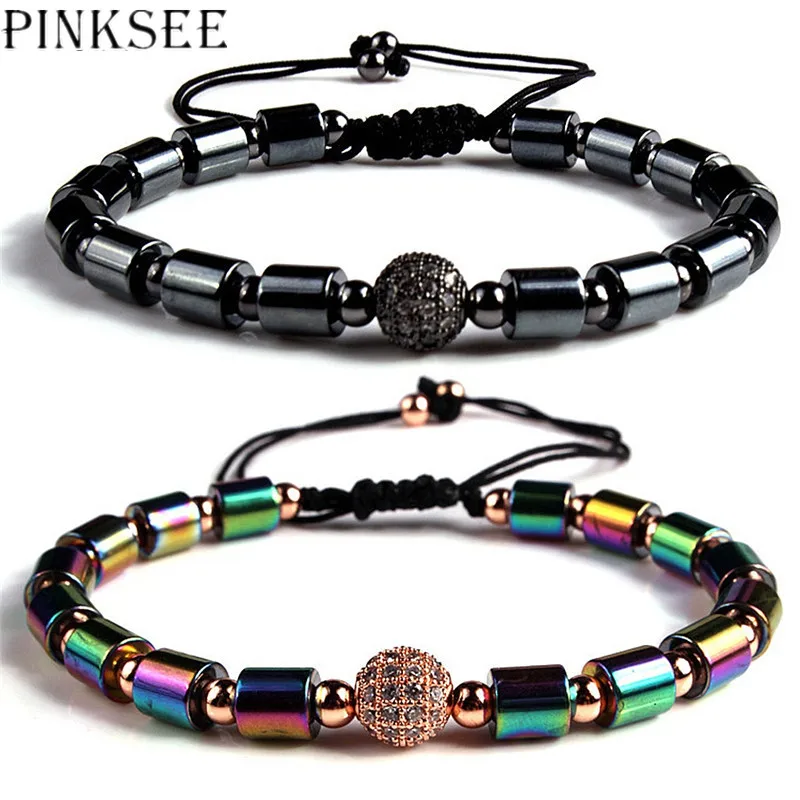 PINKSEE Black Gallstone Beaded Bracelets Natural Stone Handmade Woven Bracelet Lovers Jewelry