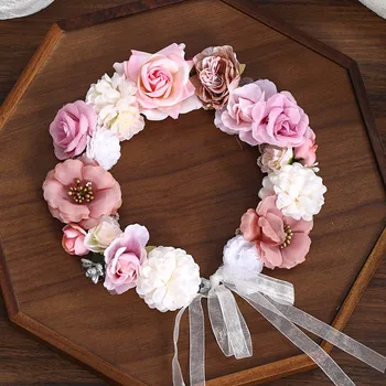

FORSEVEN Women Romantic Headpeice Handmade Cloth Flowers Rose Garland Bride Wedding Headband Hair Band Pink Garland JL