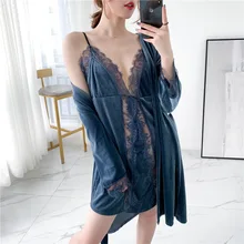 Женское кружевное сексуальное ночное белье, халаты, набор, Осень-зима, золотой бархат, длинный рукав, Халат+ слинг, ночные рубашки, пижамы утепленные элегантное нижнее белье