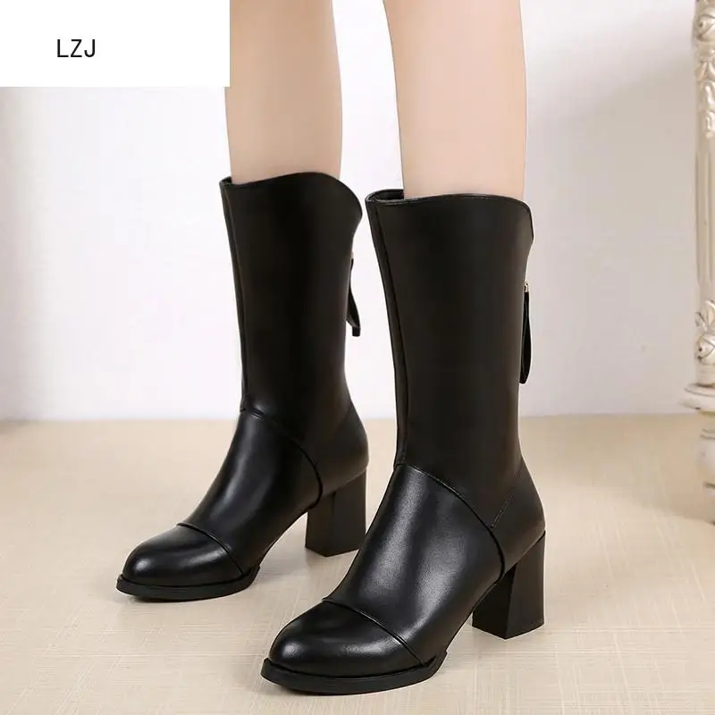 

LZJ New 2019 High Quality Boot Soft Leather Women Boots Double Zip Short Plush Spring Autumn High Knee Boots Platform Mid-calf
