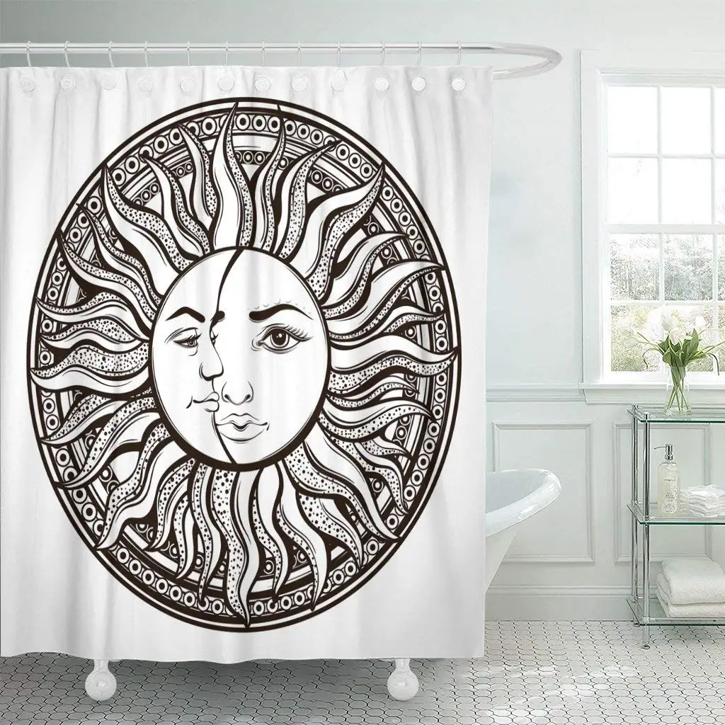 

Celestial Bohemian Sun and Moon Tattoo Alchemy Symbol Boho Bathroom Decor Shower Curtain Sets with Hooks Polyester Fabric Great