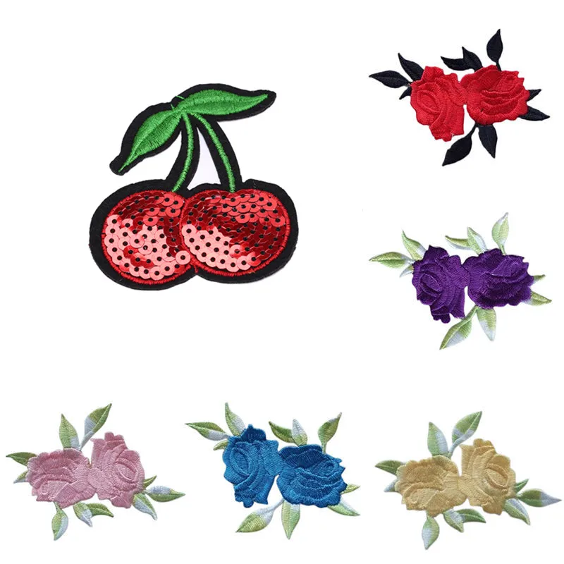 1Pc Double Head Rose Flower Leaves Cherry Embroidery Iron On Applique Patch Sew On Patch Craft Sewing Repair Embroidered