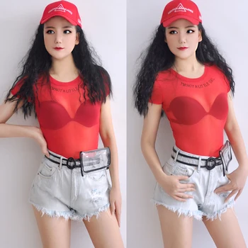 

Jazz Dance Costumes Red Short Sleeve Mesh Seethrough Bodysuit Rave Outfit Womens Clothing Singer Dj Ds Dancer Stage Wear DN3908